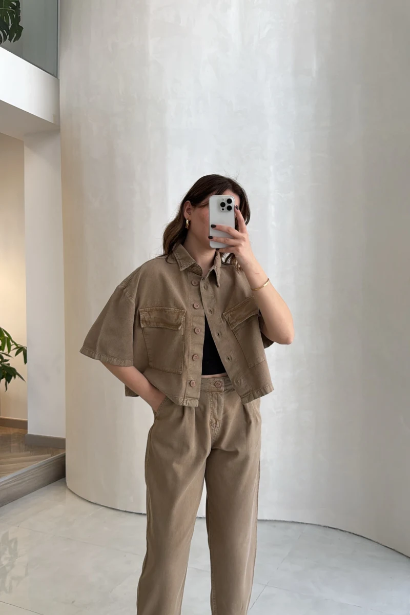 Bole Denim Kısa Ceket Pantolon Takım - Bej