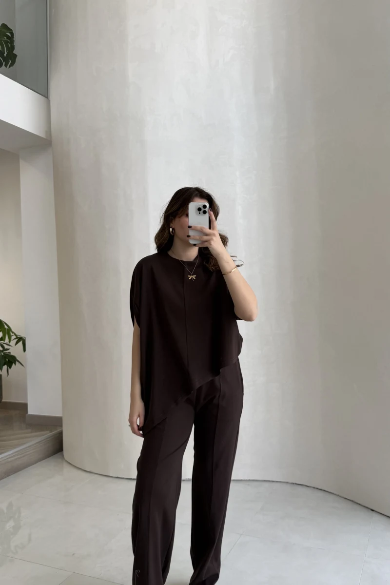 Asimetrik Kesim Pamuk Kumaş Takım - Kahverengi - Kod: 6928