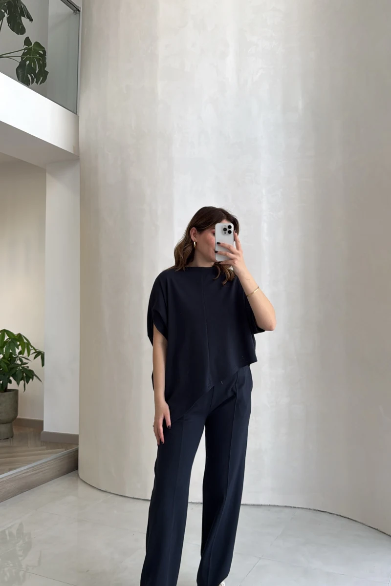 Asimetrik Kesim Pamuk Kumaş Takım - Lacivert - Kod: 6928