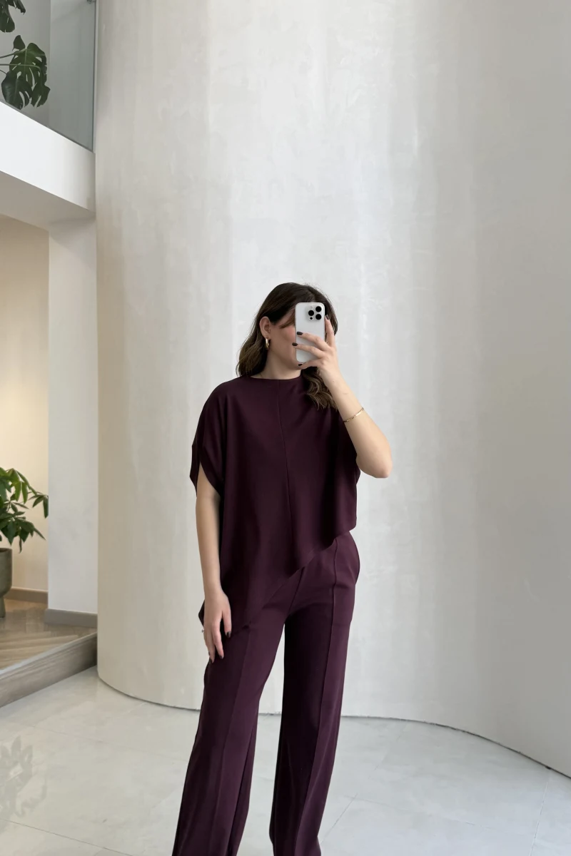 Asimetrik Kesim Pamuk Kumaş Takım - Mürdüm - Kod: 6928