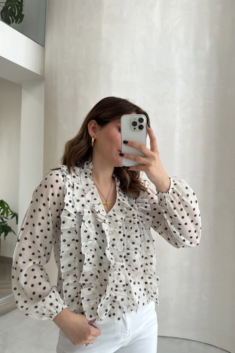 Fırfırlı Puantiye Desenli Gömlek - Bej - Kod: 2271