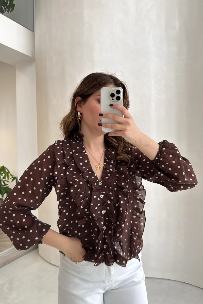 Fırfırlı Puantiye Desenli Gömlek - Kahverengi - Kod: 2271