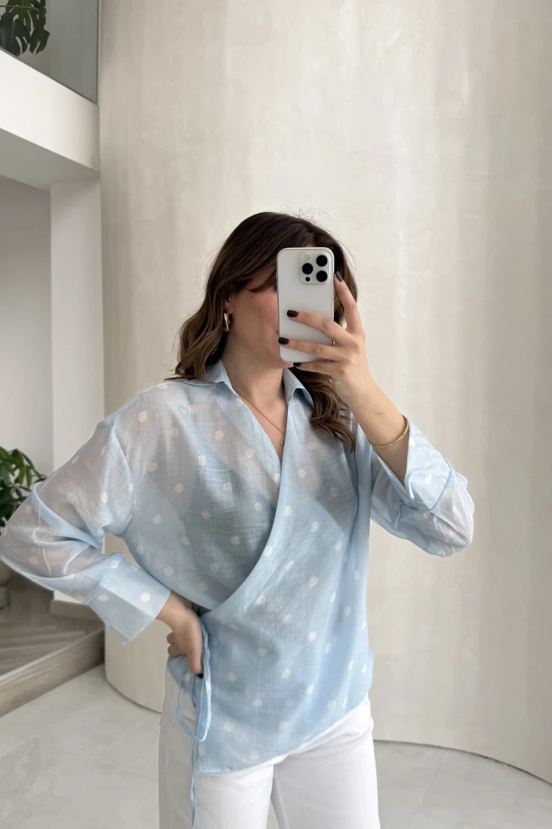 Beli Biyeli Puantiye Desen Gömlek Bluz - Mavi - Kod: 580938