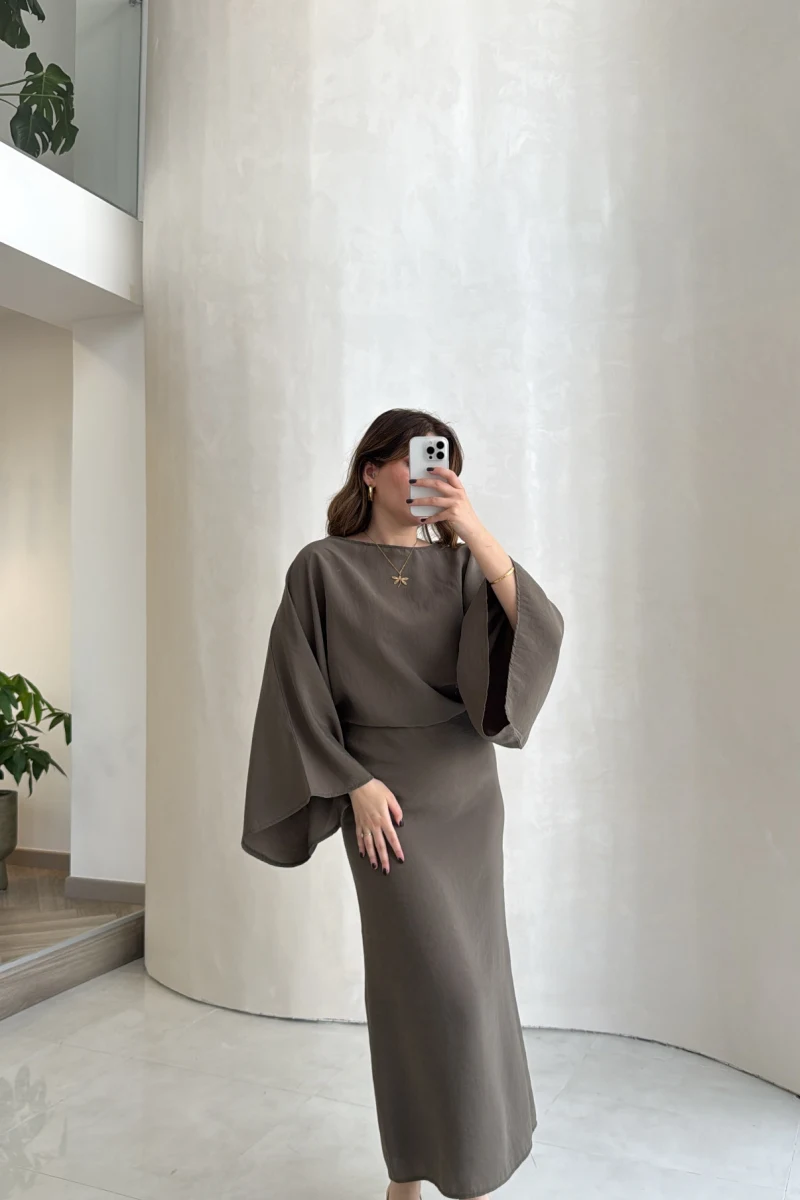 Dökümlü Beli Bağlamalı Modal Elbise - Haki - Kod: 1042