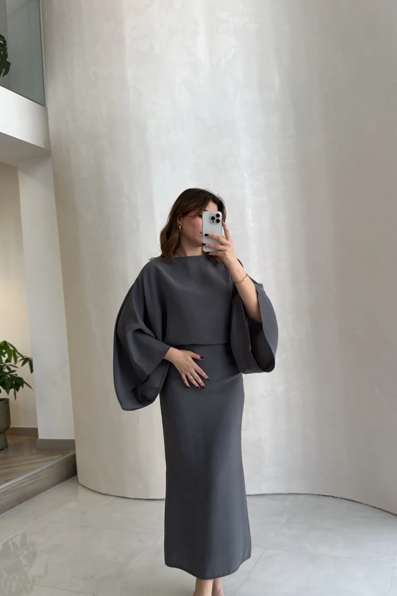 Dökümlü Beli Bağlamalı Modal Elbise - Antrasit - Kod: 1042