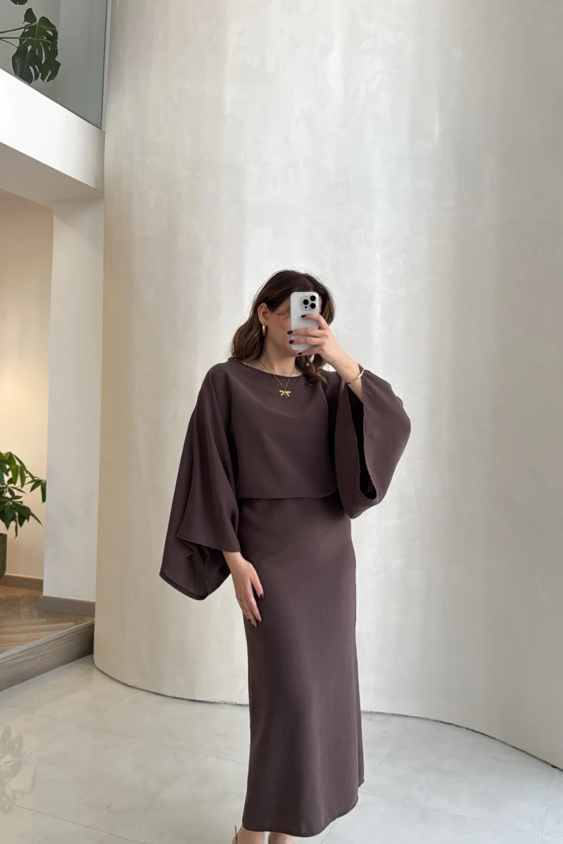 Dökümlü Beli Bağlamalı Modal Elbise - Kahve - Kod: 1042