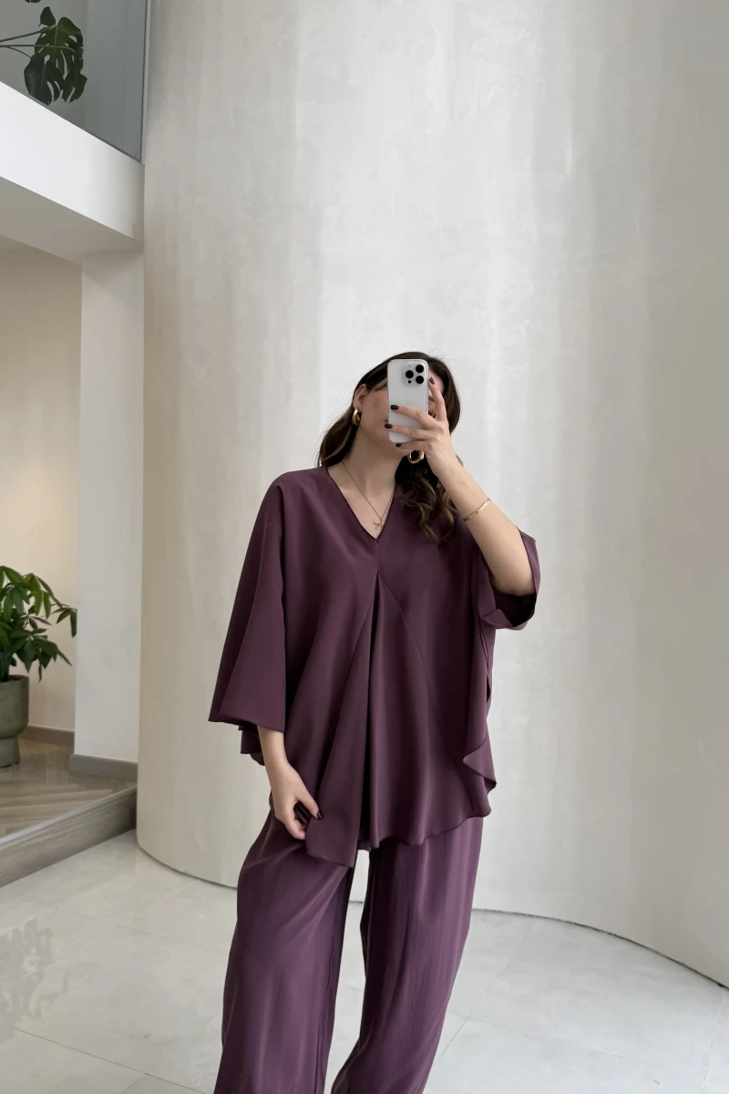 Sobremesa Pelerin Bluz- Pantolon Takım - Mürdüm - Kod: 51337