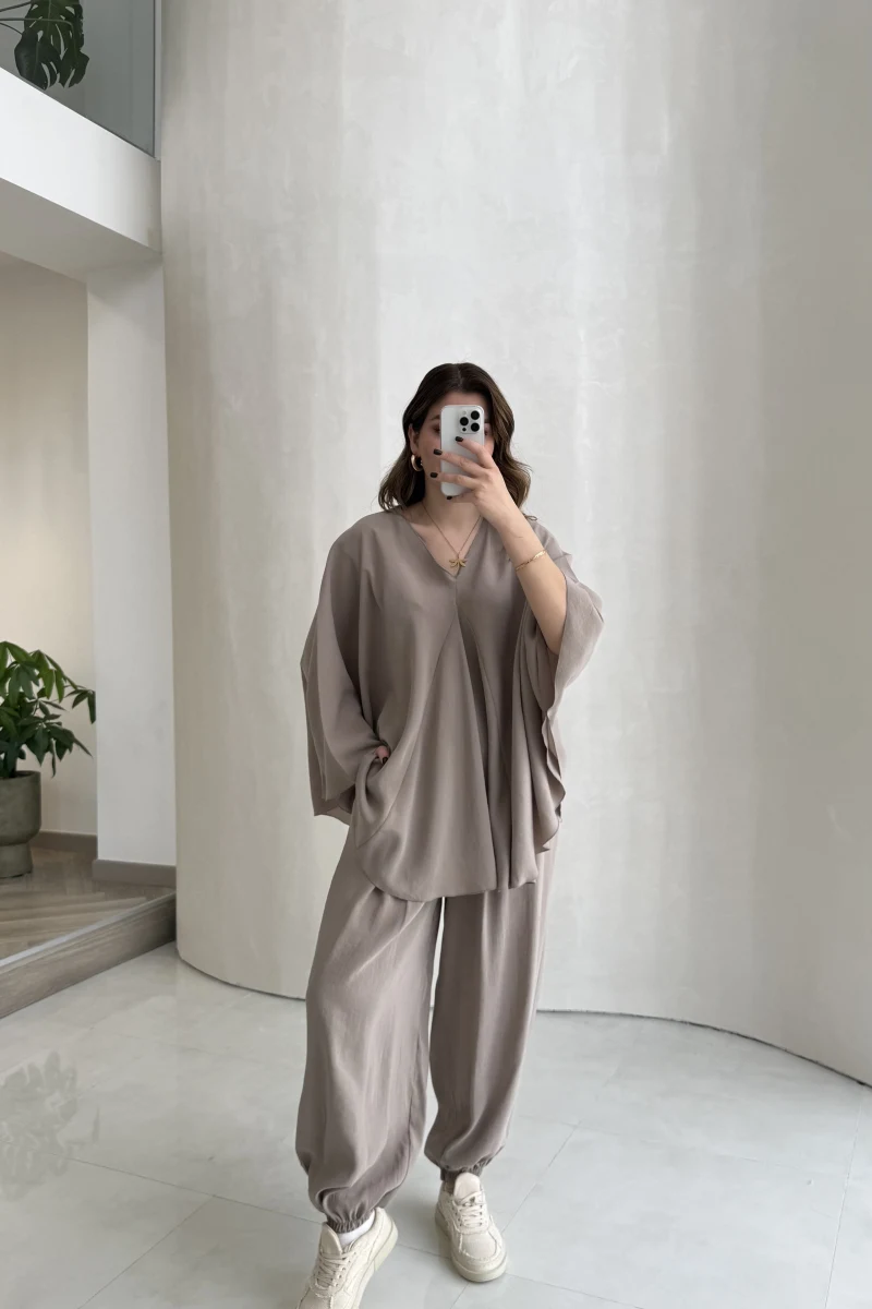 Sobremesa Pelerin Bluz- Pantolon Takım - Vizon - Kod: 51337