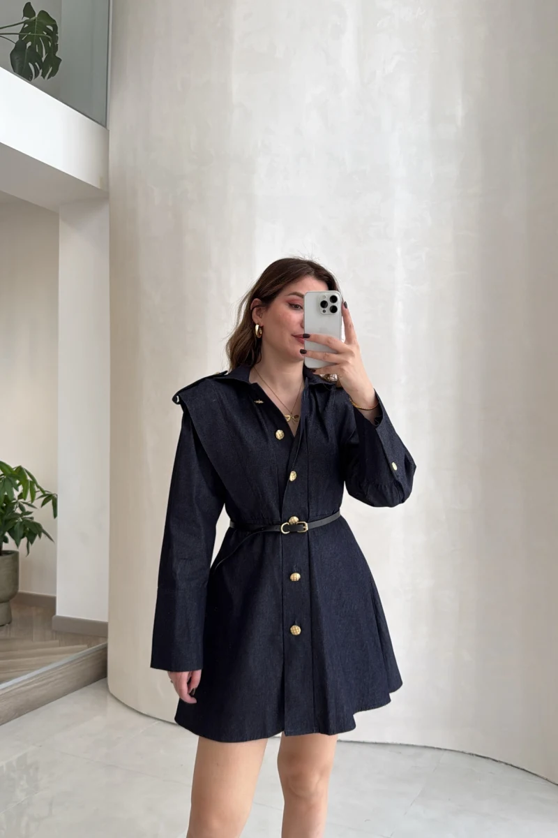 Gold Düğmeli Kemerli Denim Mini Elbise - Lacivert - Kod: 5005