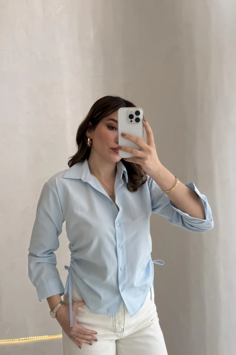 Yanı Büzgü Detay Gömlek - Mavi - Kod: 2210