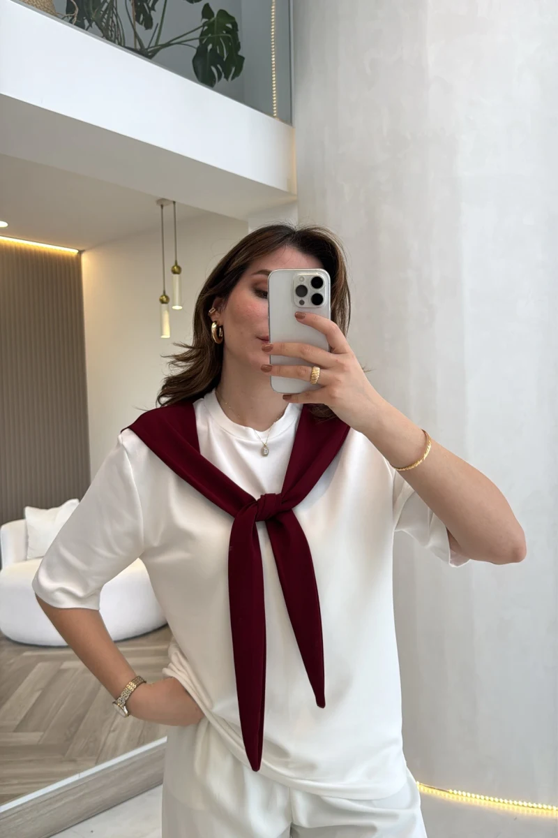 Sawa Fular Detay T-Shirt - Bordo - Kod: 1094