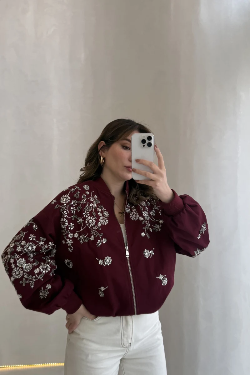 Premium Taş Pul Detaylı Pamuklu Ceket - Bordo - Kod: 99927