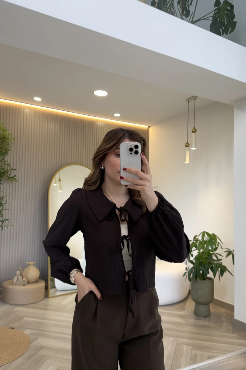 Bebe Yaka Çizgili Gömlek - Acı Kahve - Kod: 2048