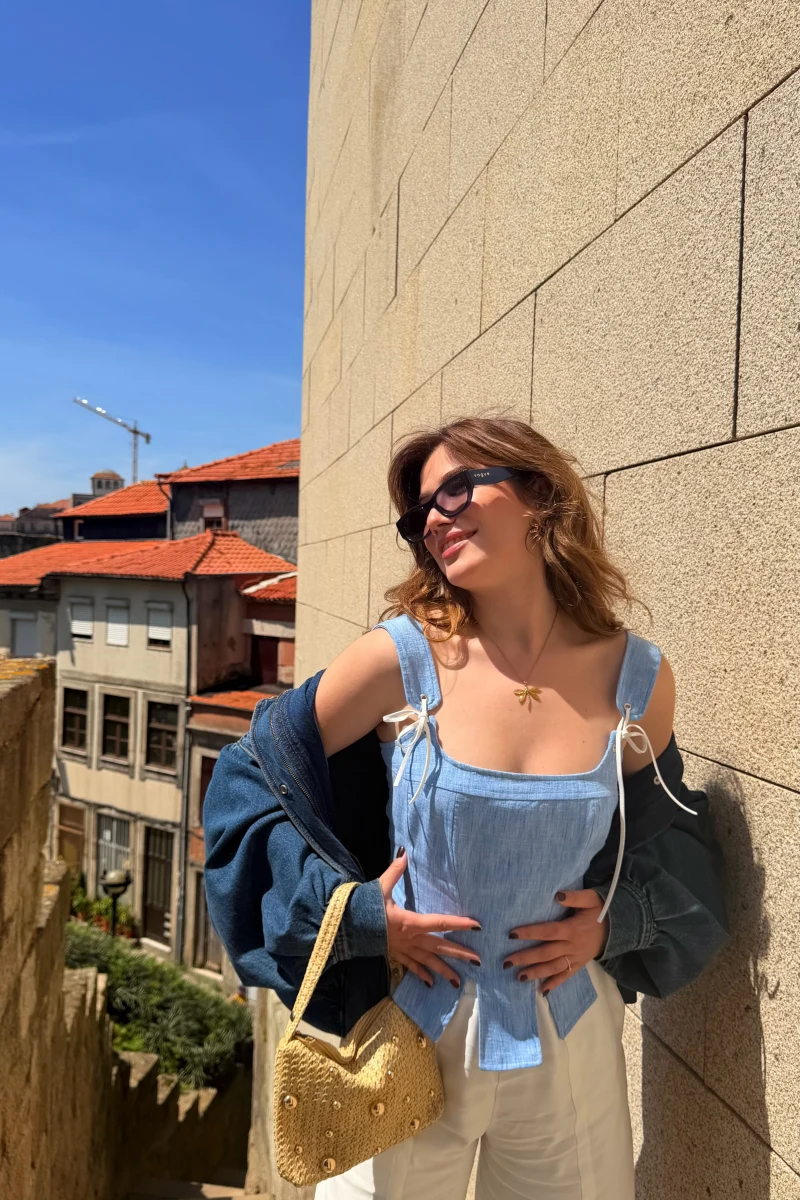 Korse Detay Askılı Crop Bluz - Mavi - Kod: 580930