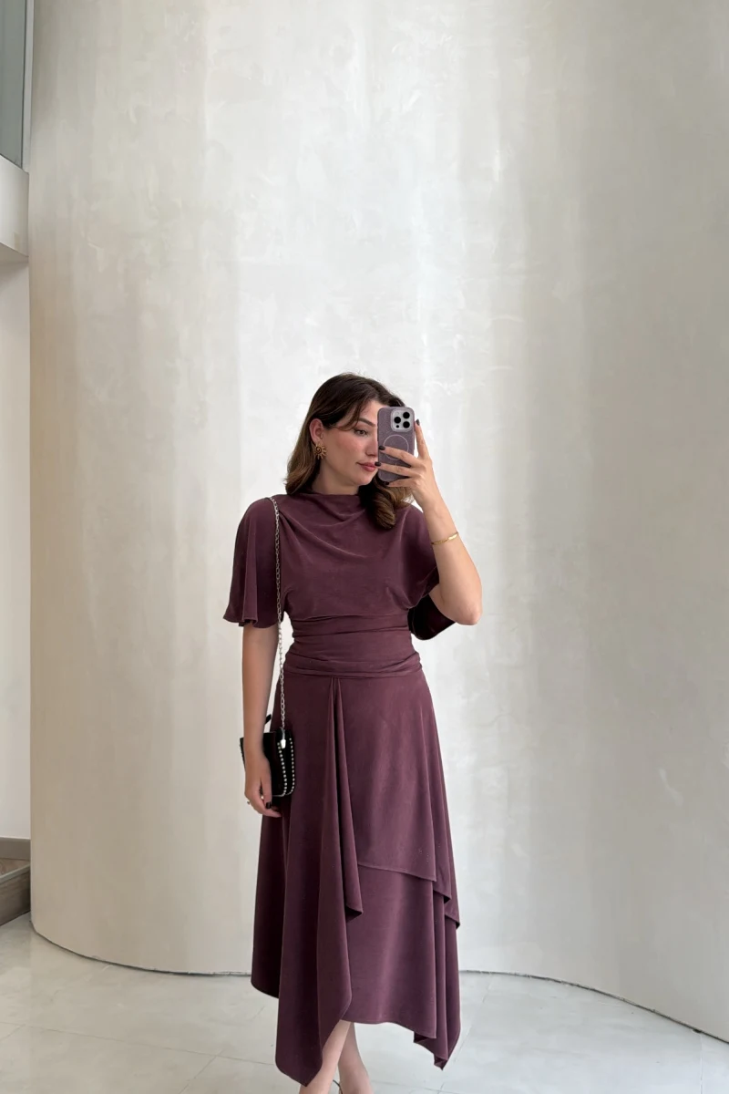 Flawless Modal Kumaş Asimetrik Kesim Etek Bluz Takım - Gül Kurusu - Kod: 0931