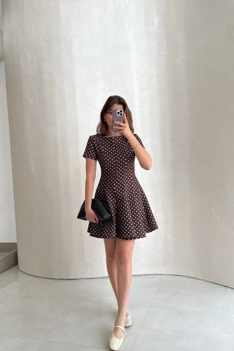 Melanie Puantiye Desenli Mini Elbise - Kahve - Kod: 0970