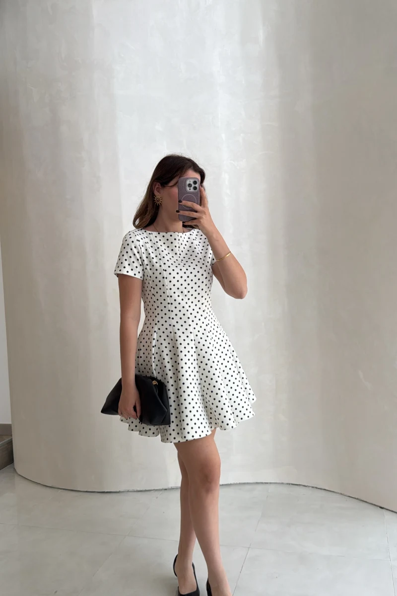 Melanie Puantiye Desenli Mini Elbise - Ekru - Kod: 0970