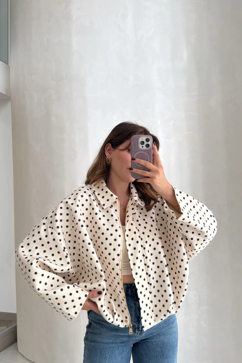 Dik Yaka Puantiyeli Bomber Ceket - Ekru - Kod: 260994