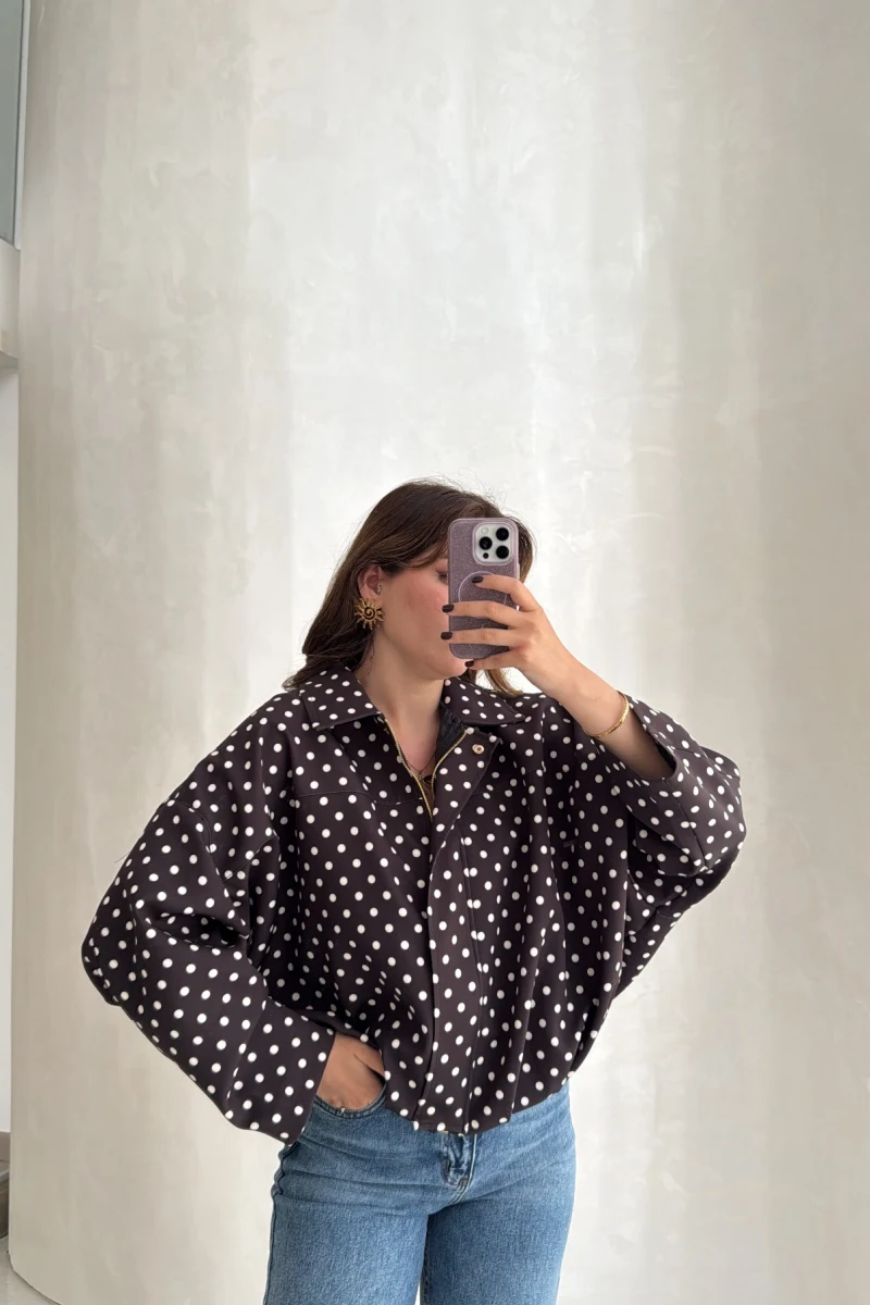 Dik Yaka Puantiyeli Bomber Ceket - Acı Kahve - Kod: 260994