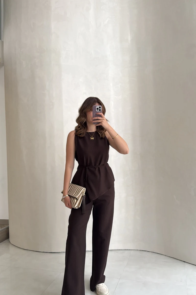 Adel Bağcıklı Asimetrik Bluz Pantolon Takım - Kahve - Kod: 8784