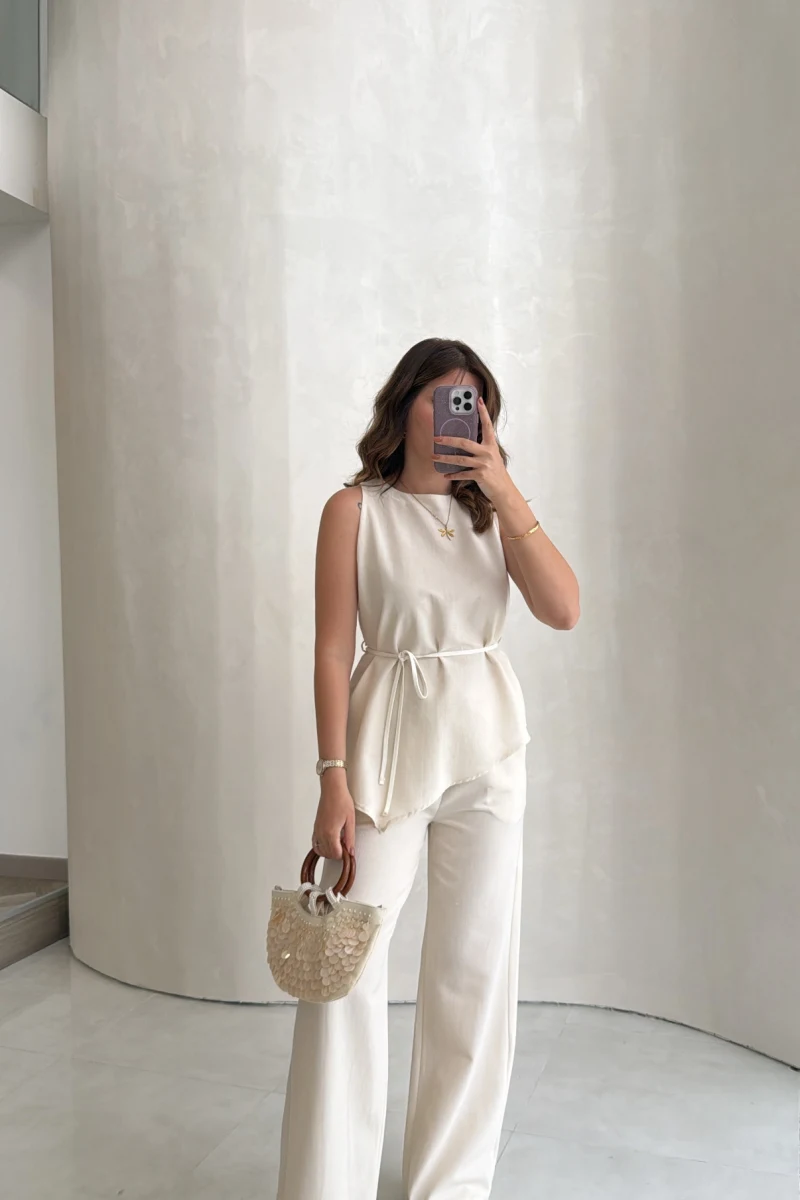 Adel Bağcıklı Asimetrik Bluz Pantolon Takım - Natural - Kod: 8784