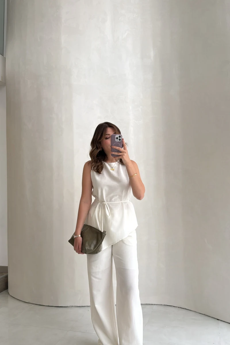 Adel Bağcıklı Asimetrik Bluz Pantolon Takım - Beyaz - Kod: 8784