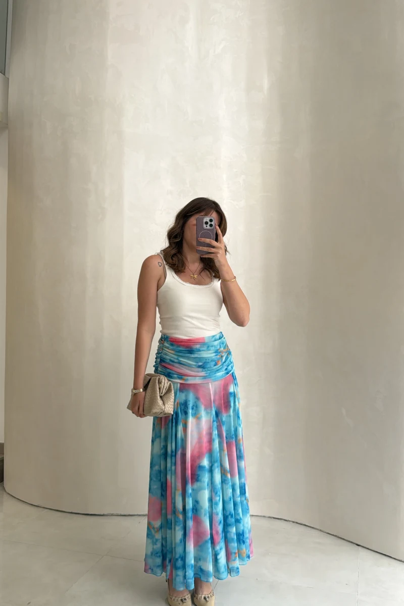 Beli Büzgülü Uzun Astarlı Şifon Etek - Mavi - Kod: 580466