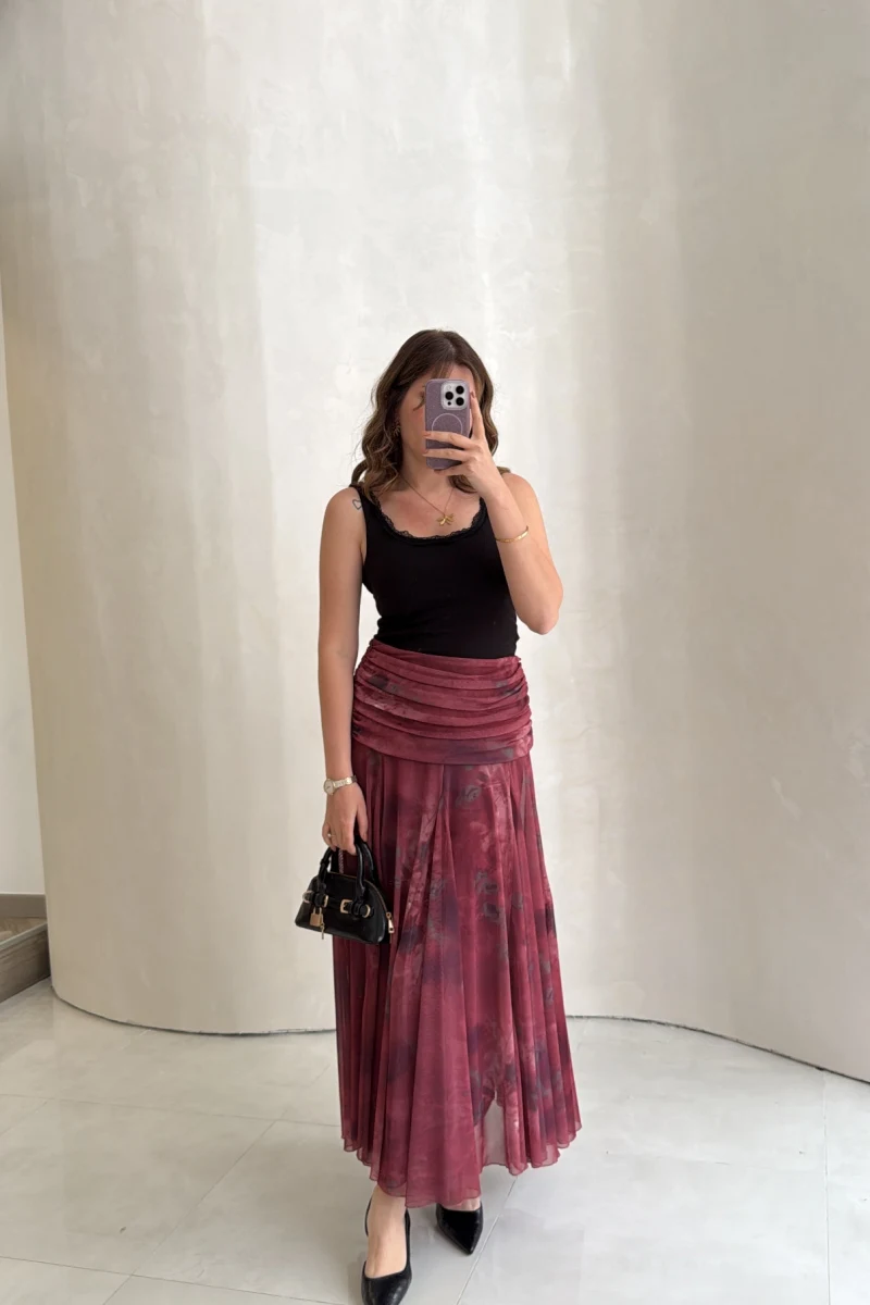 Beli Büzgülü Uzun Astarlı Şifon Etek - Bordo - Kod: 580466