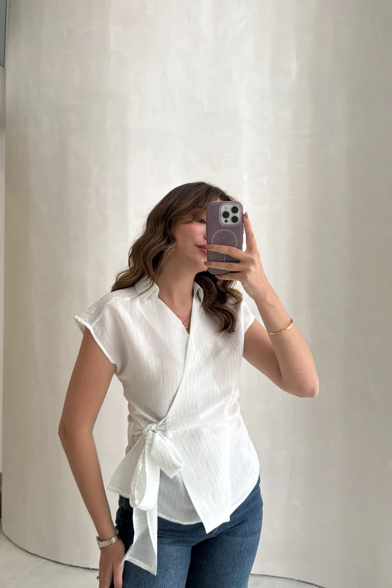 Bağlamalı Çizgili Pamuk Bluz - Beyaz - Kod: 580438