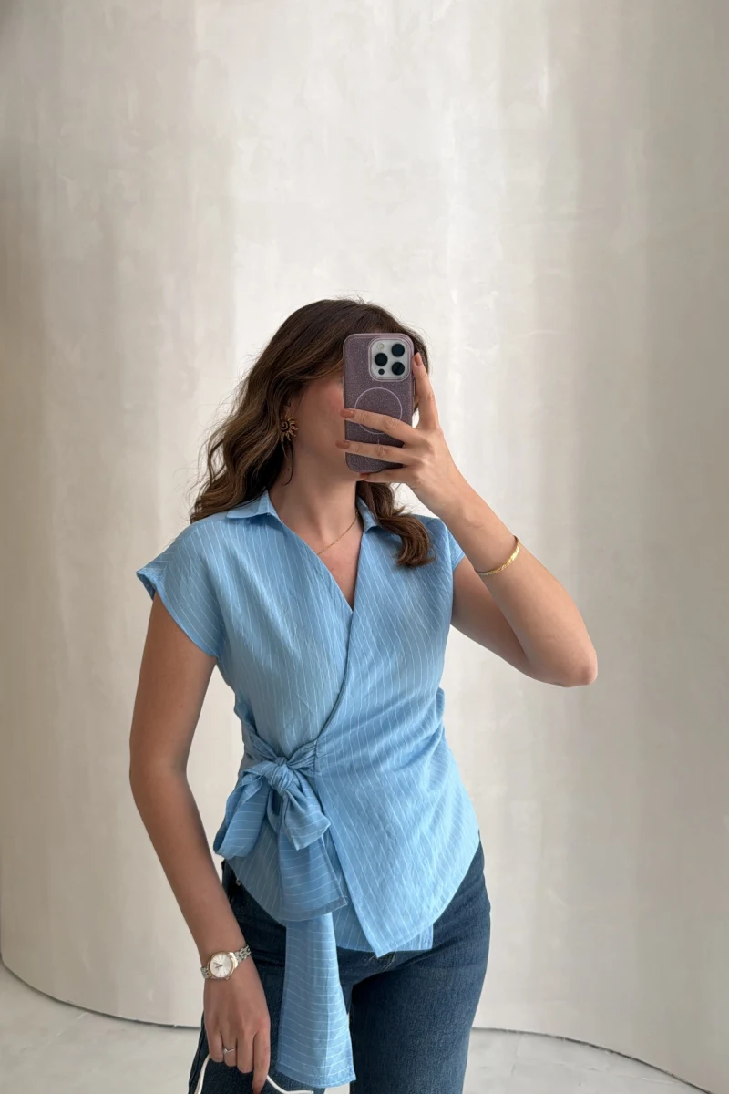 Bağlamalı Çizgili Pamuk Bluz - Mavi - Kod: 580438