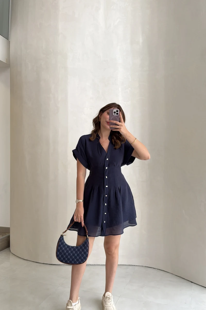 Bele Oturan Kuşaklı V Yaka Düğmeli Mini Elbise - Lacivert - Kod: 3080