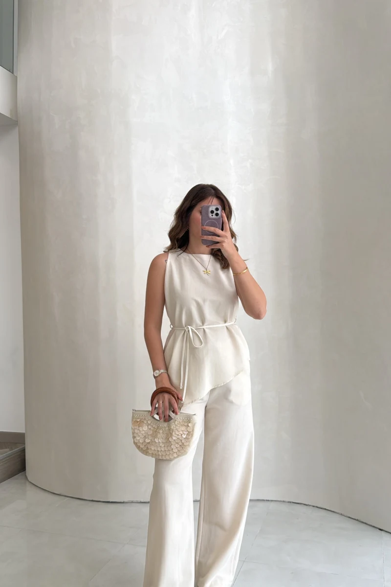 Adel Bağcıklı Asimetrik Bluz Pantolon Takım - Natural - Kod: 8784