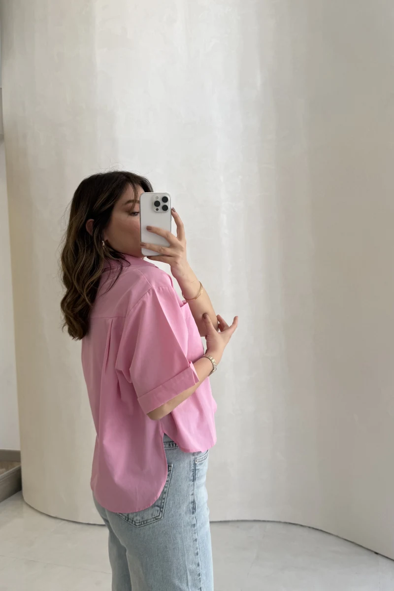 Oversize Yarım Kol Gömlek - Pembe - Kod: 2093