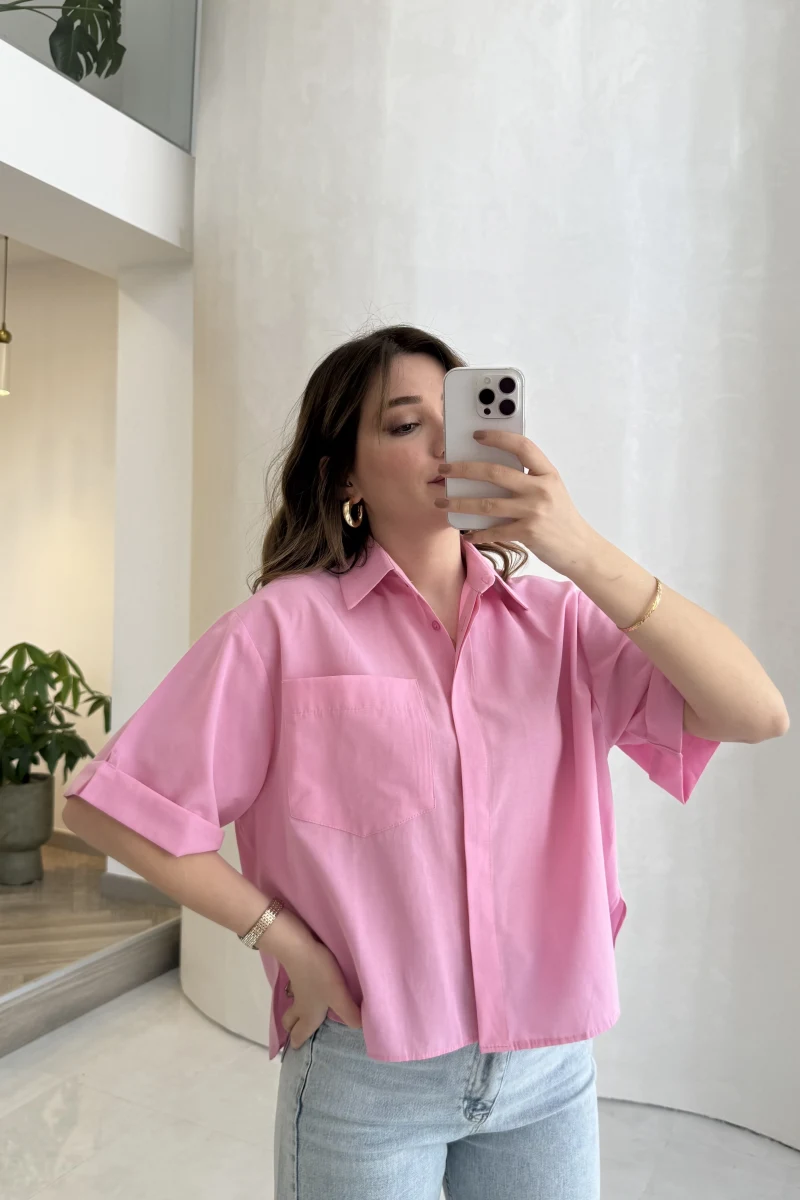 Oversize Yarım Kol Gömlek - Pembe - Kod: 2093