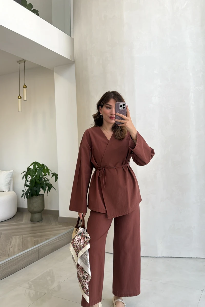 Bağcıklı Kimono Takım - Kiremit - Kod: 8968