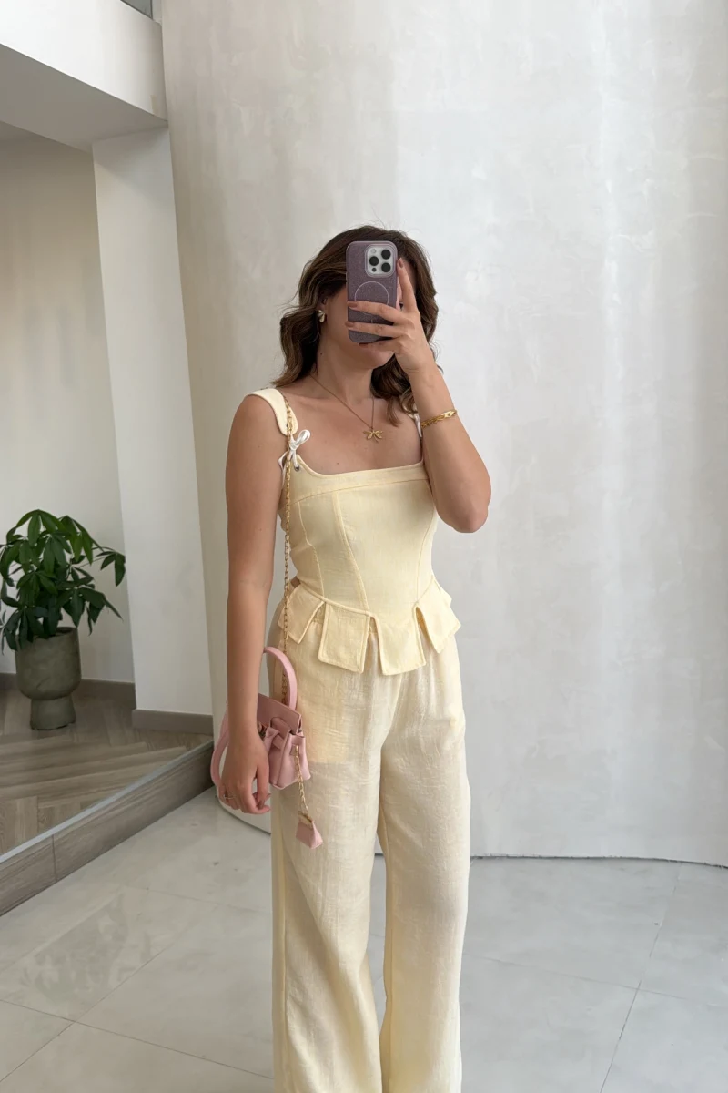 Askılı Korse Bluz Pantolon Takım - Sarı - Kod: 58525