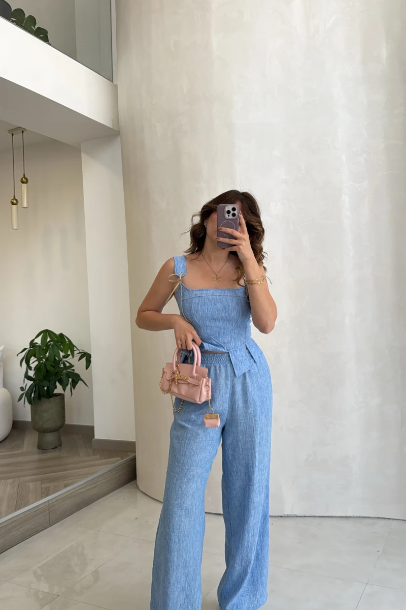 Askılı Korse Bluz Pantolon Takım - Mavi - Kod: 58525