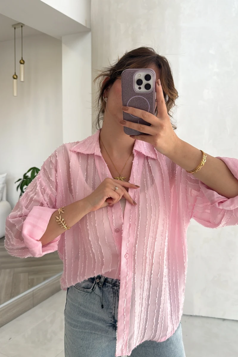 Millie Çizgili Püskül Detay Gömlek - Pembe - Kod: 2296