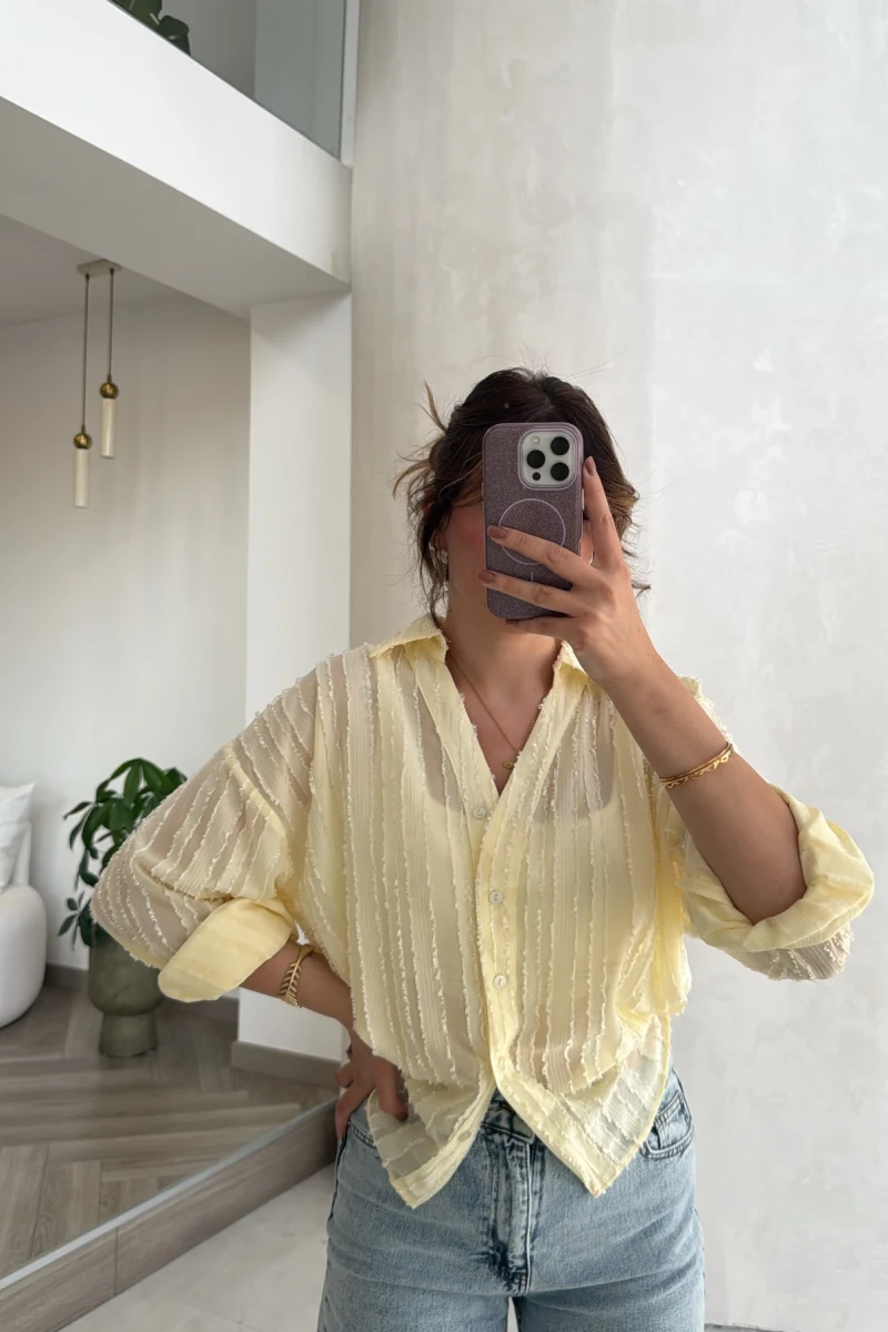 Millie Çizgili Püskül Detay Gömlek - Sarı - Kod: 2296
