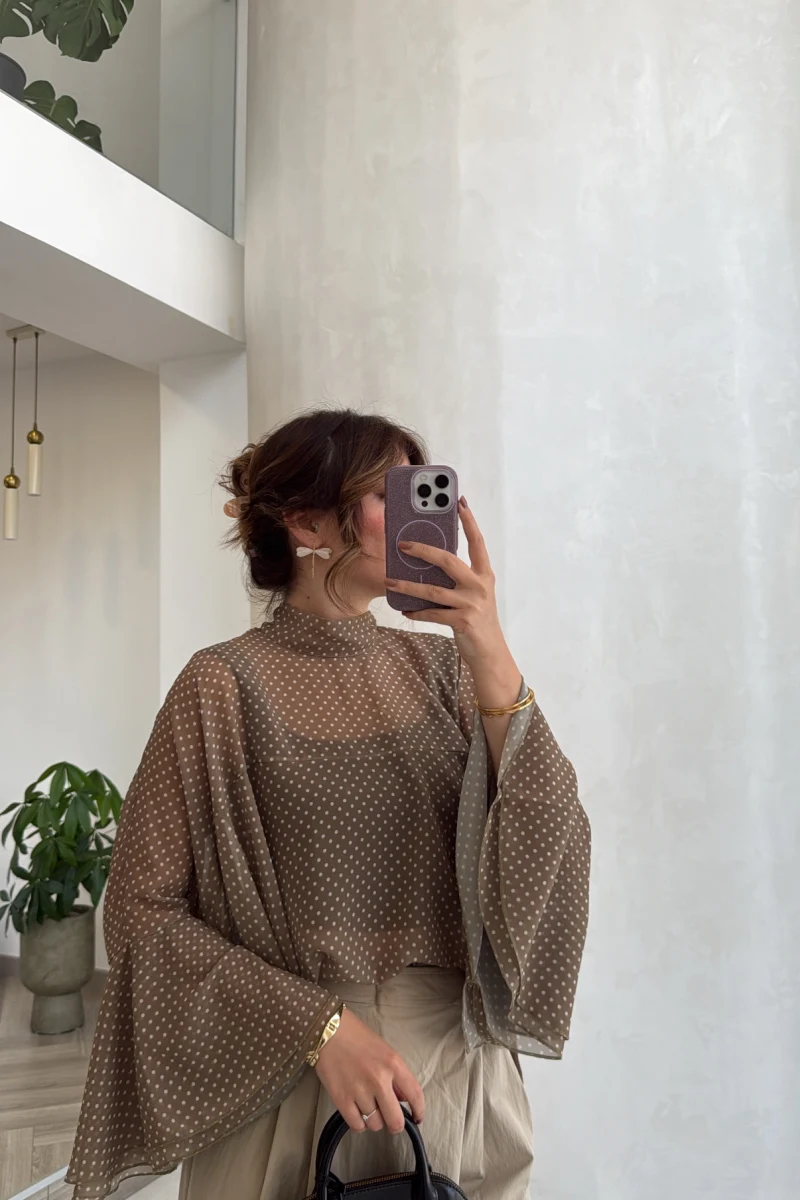 Puantiye Desenli Transparan Panço Bluz - Olive - Kod: 5074