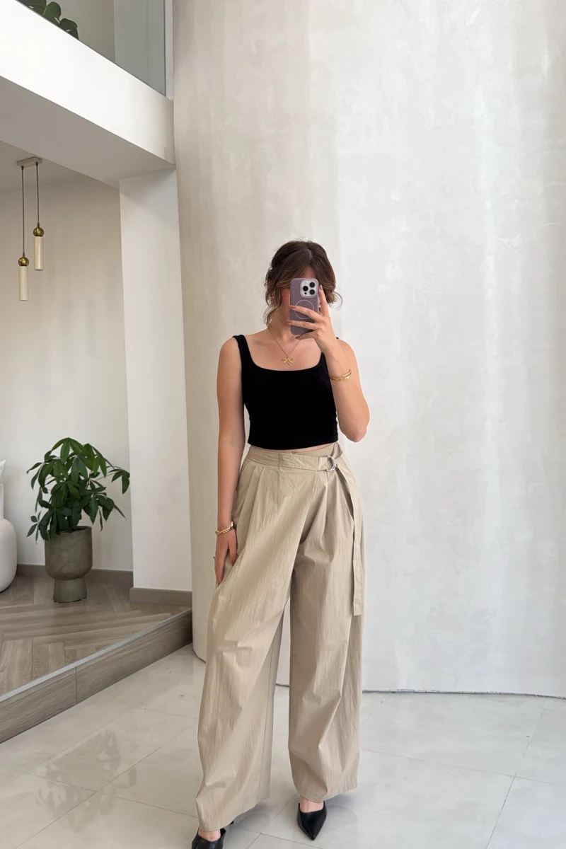 Kuşaklı Bol Paça Pantolon - Taş - Kod: 51300