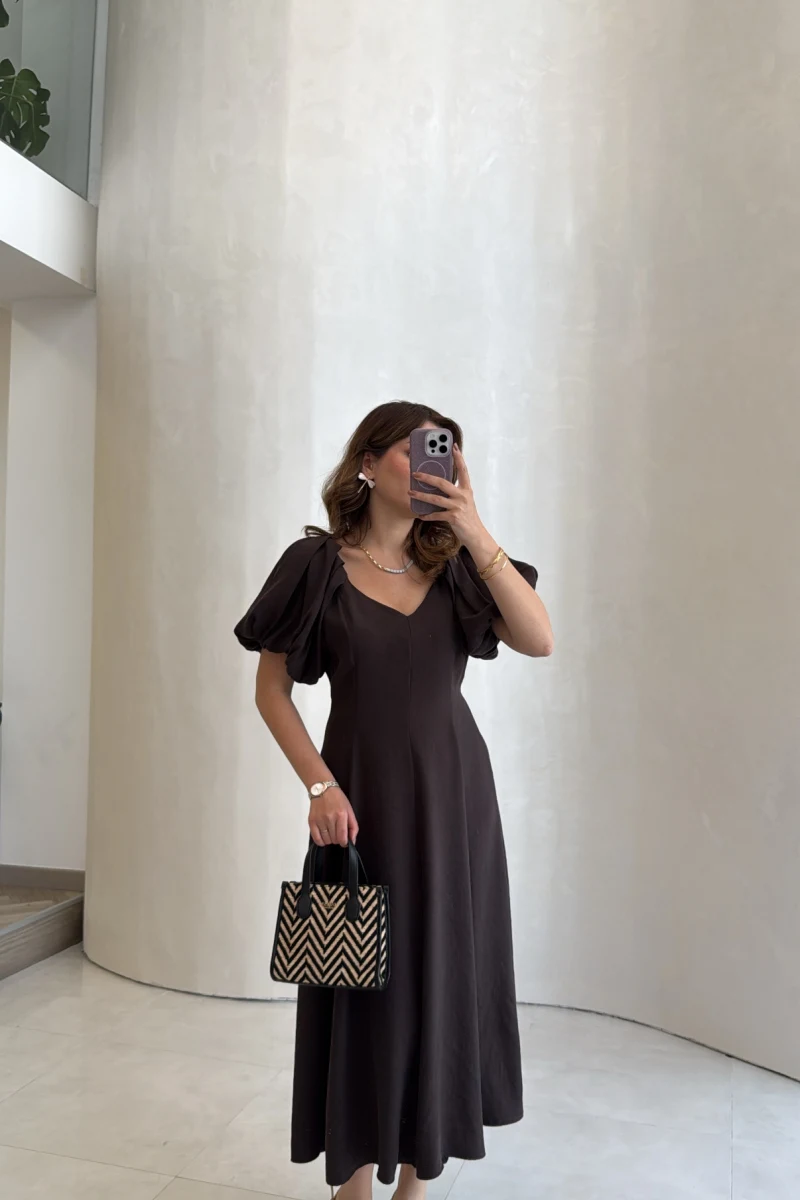 Bella Balon Kol Midi Boy Elbise - Kahve - Kod: 2384