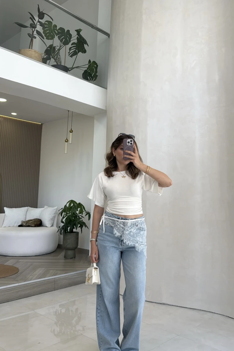 Bole Yüksek Bel Dantelli Denim Jean Pantolon - Mavi