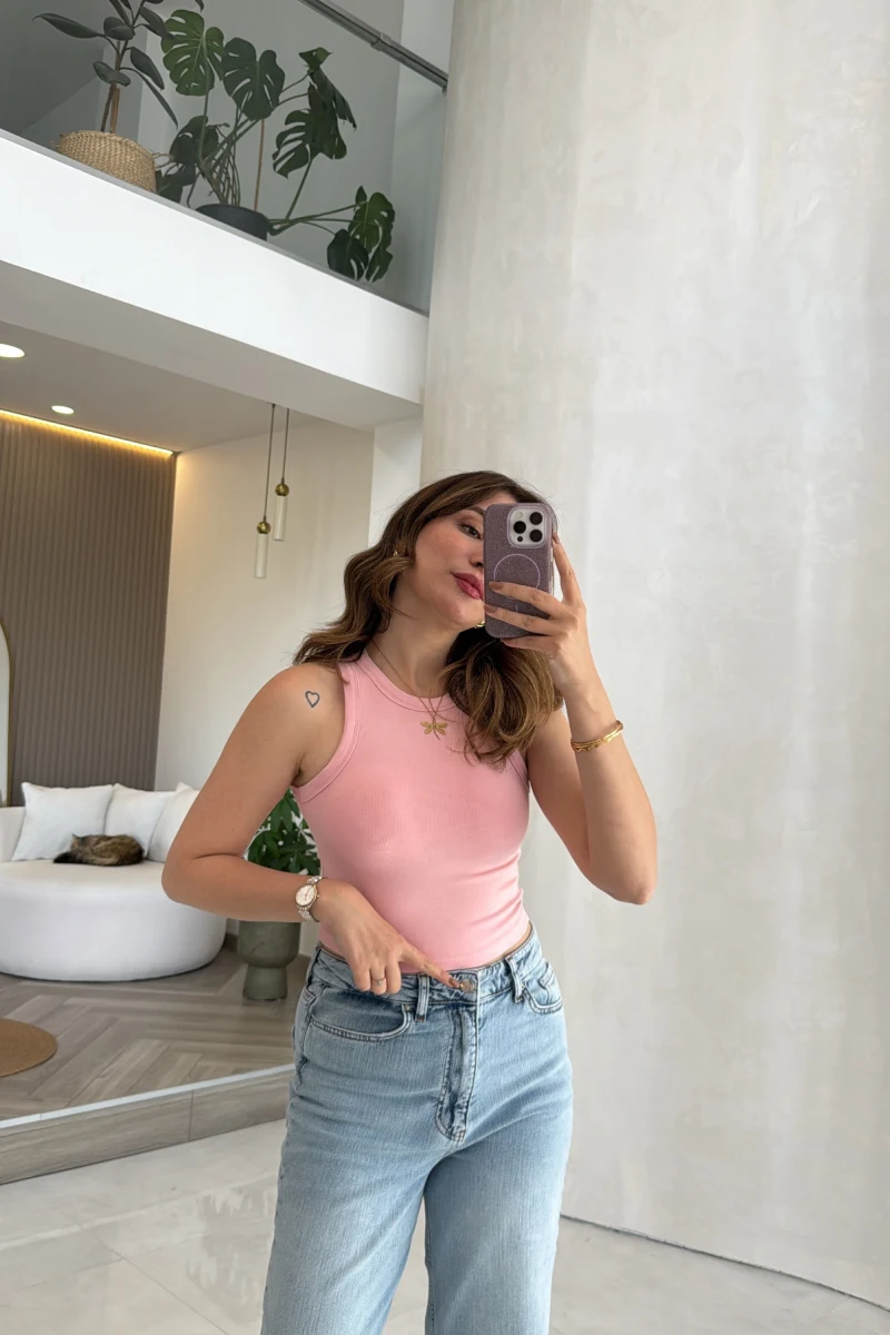 Halter Yaka Göğüs Pedli Crop Body - Pembe - Kod: 5044