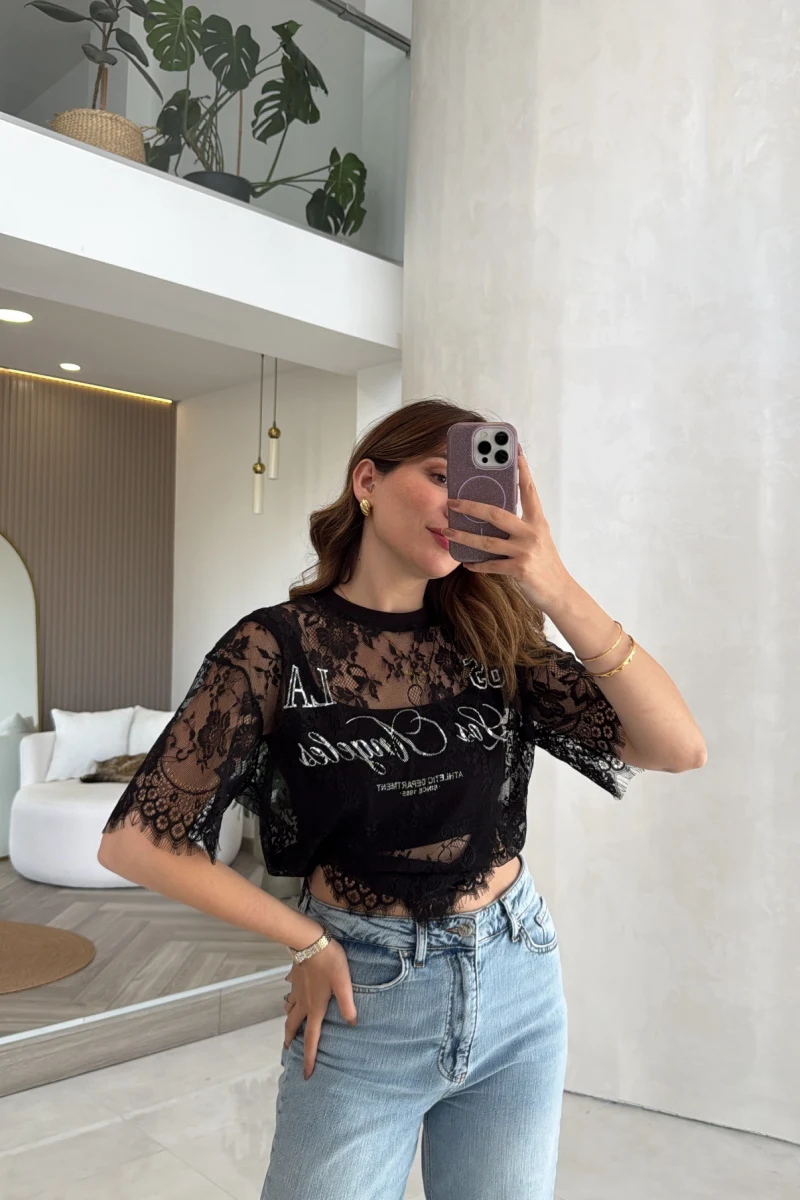 Dantel T-shirt - Siyah - Kod: 1098