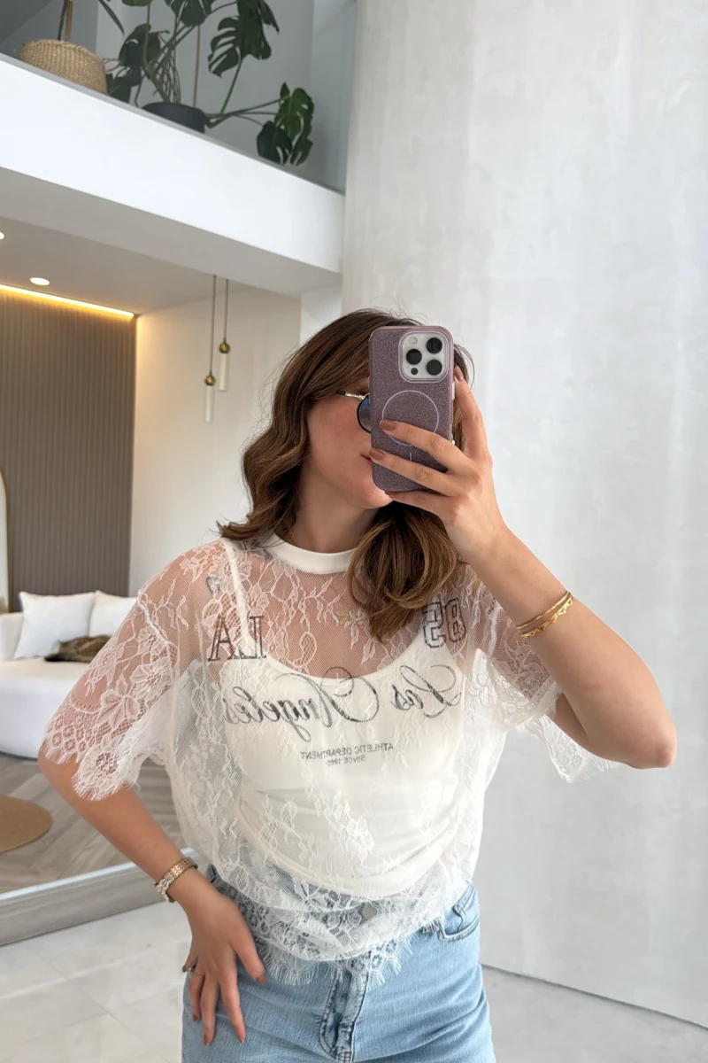 Dantel T-shirt - Ekru - Kod: 1098