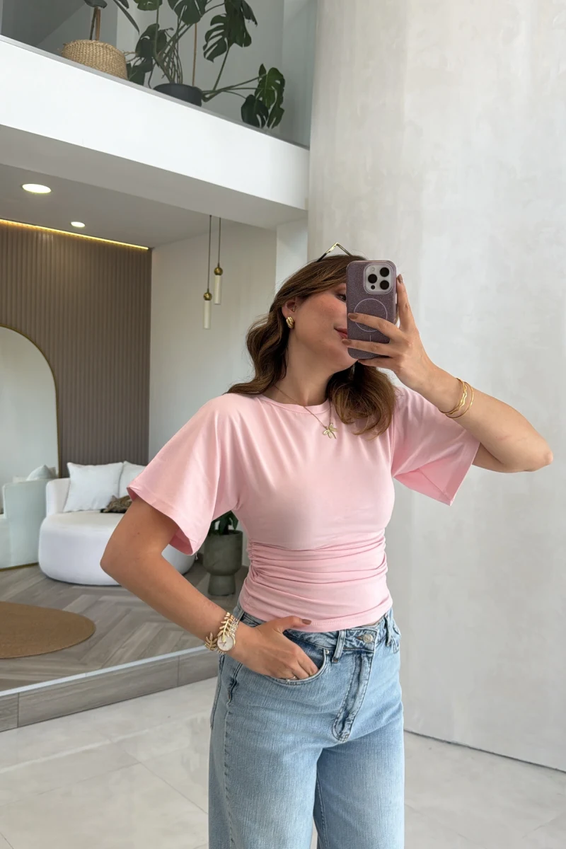 Shay Beli Büzgülü Bluz - Pembe - Kod: 1085