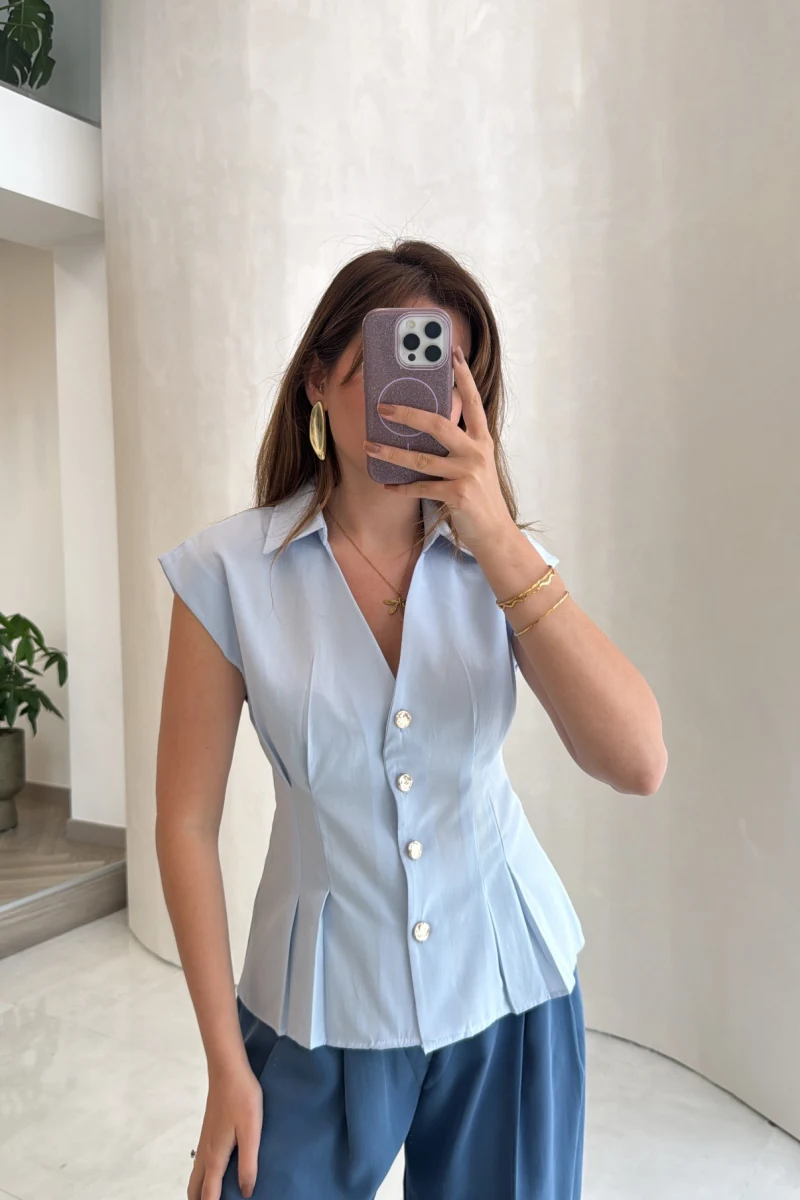 Miela Sıfır Kol Düğmeli Bluz - Mavi - Kod: 2299