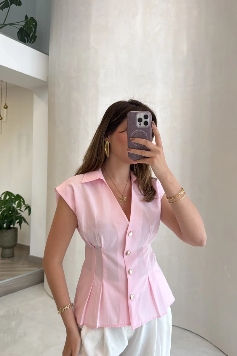Miela Sıfır Kol Düğmeli Bluz - Pembe - Kod: 2299