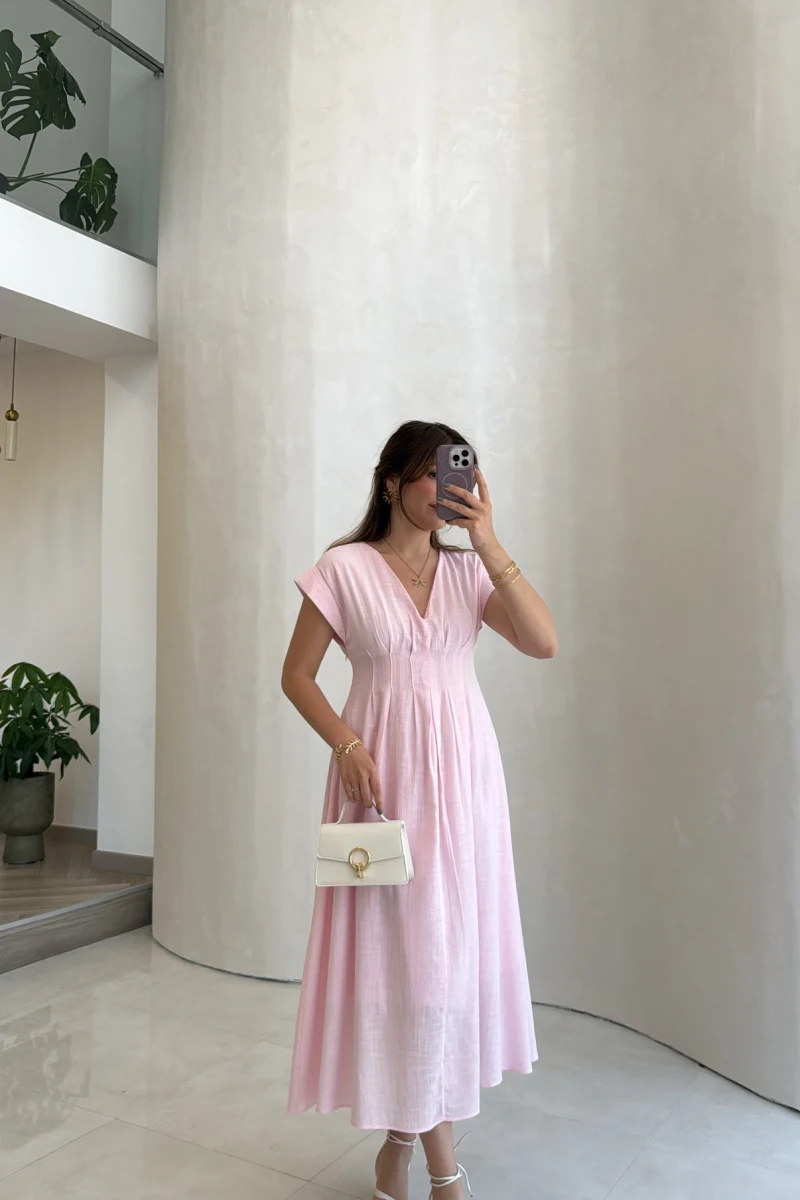 Penny Keten Astarlı Bağlamalı Elbise - Pembe - Kod: 3082